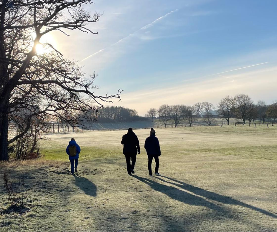 Three people walk in the park, and their shadows fall on the grass behind them.