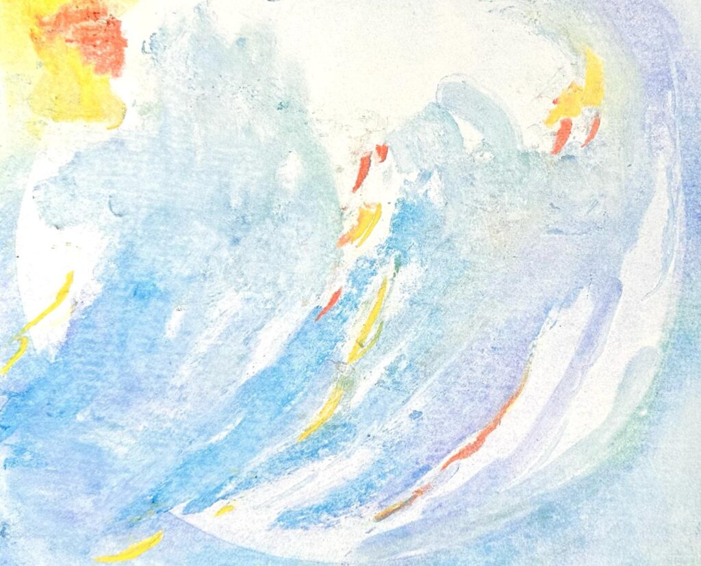 Abstract watercolor painting with swirling blue and white brushstrokes resembling ocean waves, accented by splashes of yellow, orange, and red in the upper left and central areas, suggesting sunlight and dynamic movement. Artwork by Annette Dalloglio.