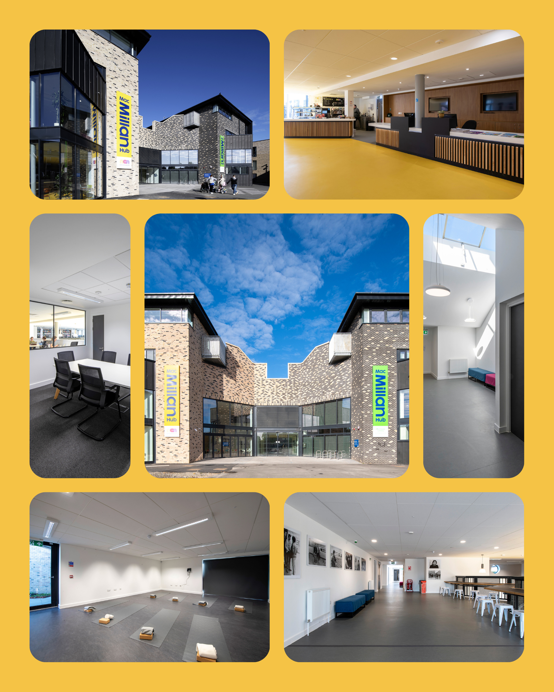 A collage of images featuring the NEA Building at MacMillan Hub