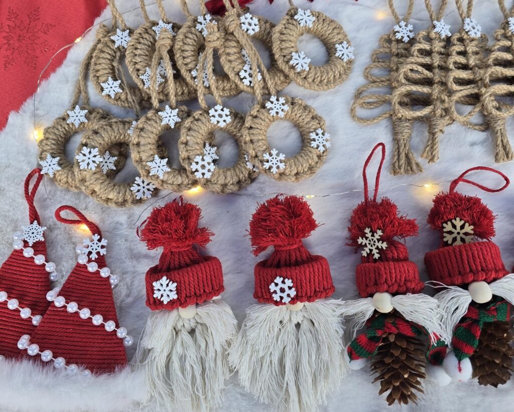 A selection of handmade Christmas tree decorations